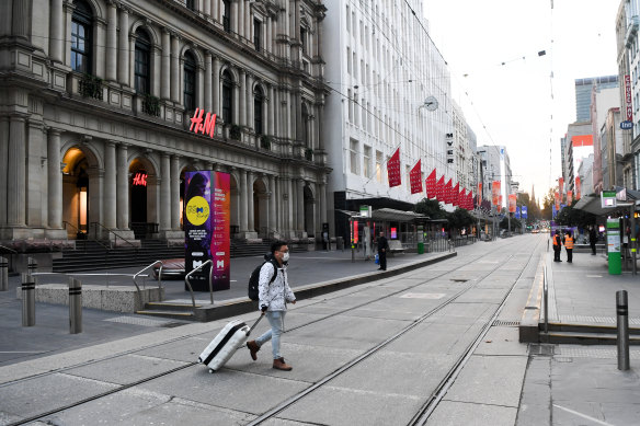 Melbourne’s Bourke Street Mall almost empty during lockdown. 