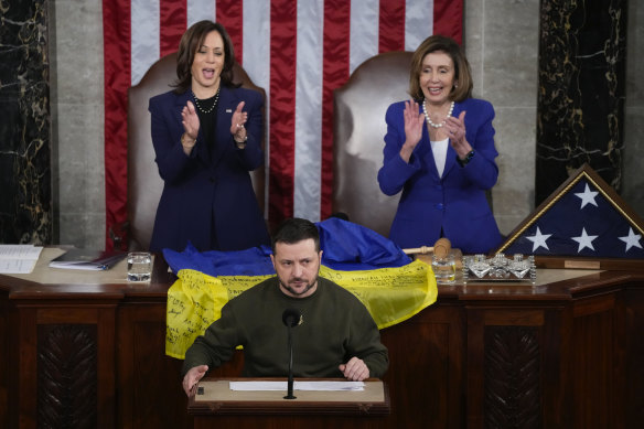 Vice President Kamala Harris and House Speaker Nancy Pelosi with Ukrainian President Volodymyr Zelensky who addressed a joint sitting of Congress.
