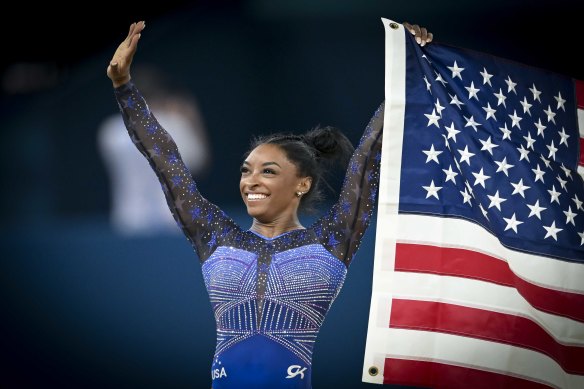 Simone Biles’ extraordinary floor routine cemented first place.