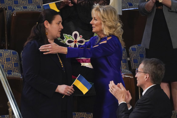 Ukraine Ambassador to the United States, Oksana Markarova, gets a hug from first lady Jill Biden during President Joe Biden’s first State of the Union address to a joint session of Congress.