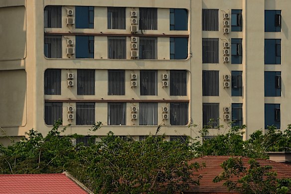 Buildings with metal bars over windows can be seen in Shwekokko in Myanmar’s Karen State, from across the border in Thailand’s Mae Sot District.