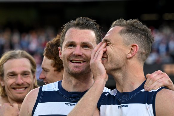 Paddy Dangerfield and Joel Selwood after the grand final.
