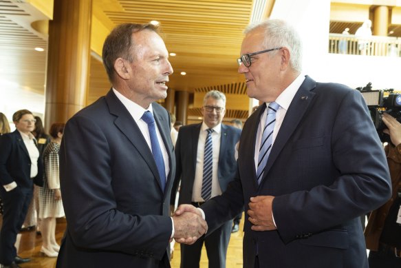 Tony Abbott and another former prime minister, Scott Morrison, at the unveiling of the portrait.