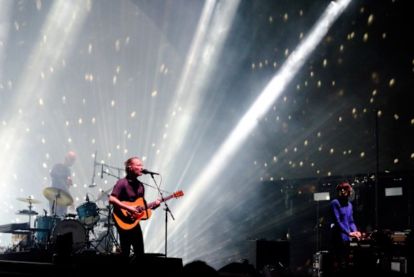 Radiohead’s Clive Deamer, Thom Yorke and Jonny Greenwood performing at Coachella  in 2021.