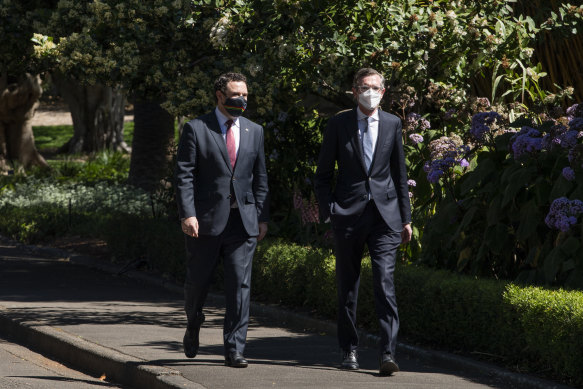 NSW Deputy Liberal leader Stuart Ayres with new Premier Dominic Perrottet arriving at Government House.
