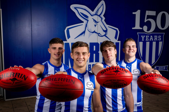 (From left) Harry Sheezel, Will Phillips, George Wardlaw and Tom Powell are among the promising youth at North Melbourne.