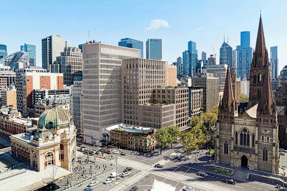 An artist’s render of the proposed Town Hall Place, which would wrap around Young & Jackson pub. 