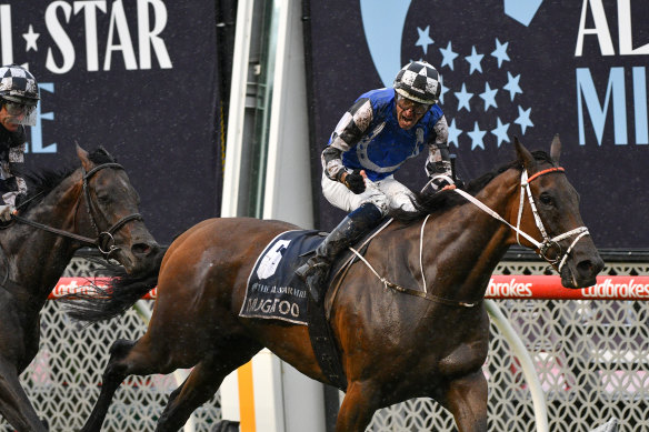 Hugh Bowman steers Mugatoo to victory in the All-Star Mile.