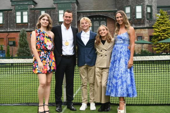 Former World number one tennis champion Lleyton Hewitt with his wife Bec and children Mia, Cruz and Ava.