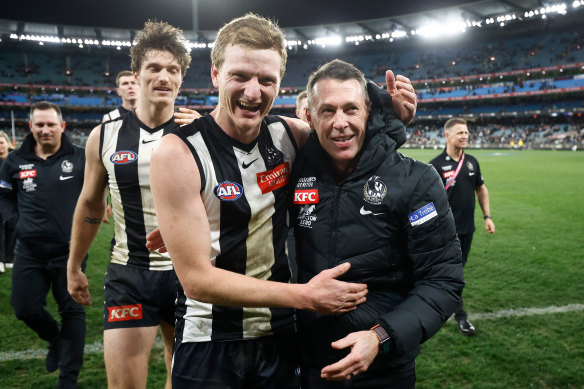 Will Hoskin-Elliott and coach Craig McRae after the win over Melbourne.