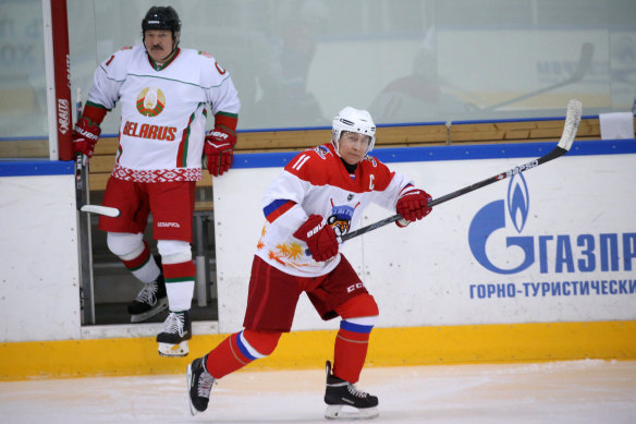 Lukashenko, left, has turned to Putin, right, for support during recent protests. Here, they join an ice-hockey game in between talks in Sochi, Russia, in February.