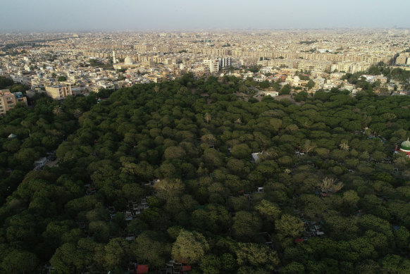 An aerial view shows a green patch of Azadirachta Indica trees over a graveyard with the city in the background in Karachi, Pakistan. New tree planting projects hope to create similar green oases throughout the port city.