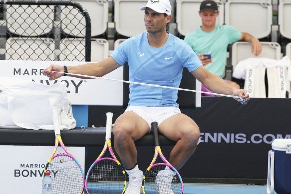 Rafael Nadal prepares for a training session at the Brisbane International.