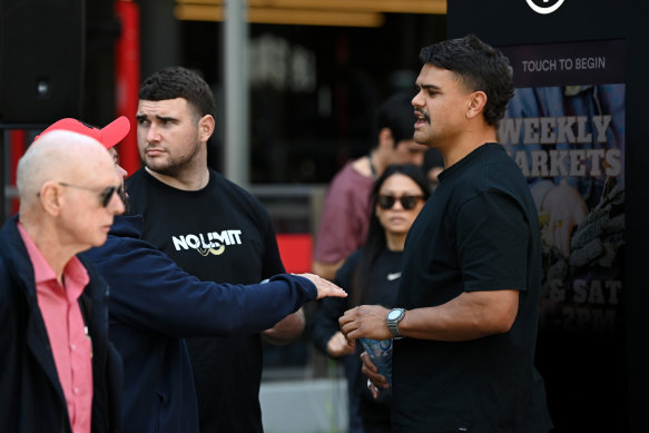 Latrell Mitchell at Tuesday’s weigh-in for boxer Nikita Tszyu’s fight this week.