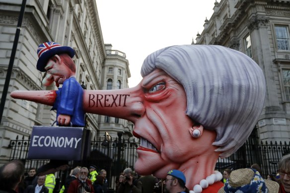 An effigy of Theresa May during an anti-Brexit march in London, March 23.