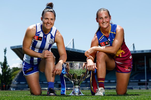 Emma Kearney and Bre Koenen with the premiership trophy.