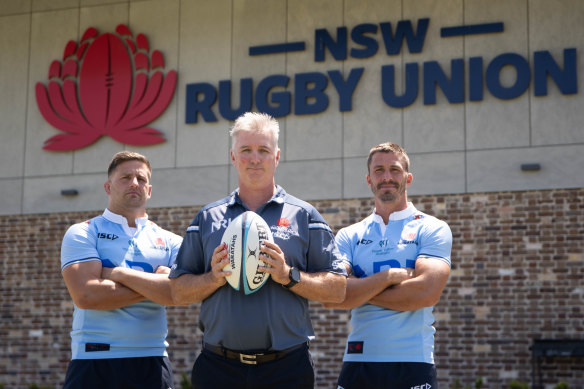 Waratahs head coach Darren Coleman (centre) with leaders Dave Porecki (left) and Jake Gordon (right).