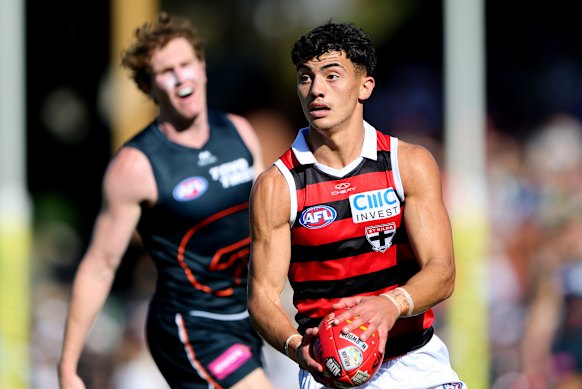 Hugo Garcia of the Saints gets a kick during Gather Round in Adelaide.