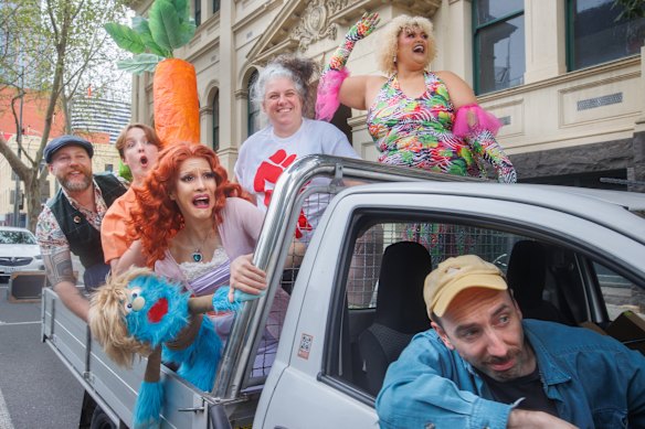 Danny Delahunty, CEO and creative director of Melbourne Fringe Festival, Hayley Edwards with carrot, Linh Uendo/Dean, Katie Sfetkidis, Milo Hartil and Mark Wilson (driver) from Till The Day I Die.