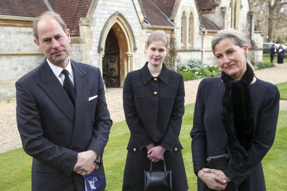 Prince Edward, the new Duke of Edinburgh, and his wife, Sophie, and their daughter Lady Louise Windsor, in the days after Prince Philip’s death.