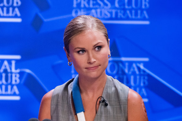 Grace Tame addresses the media at the National Press Club