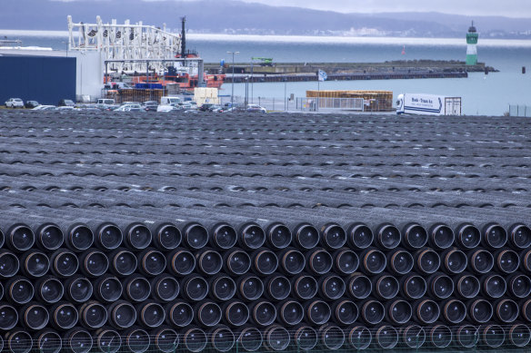 Pipes for the construction of the Nord Stream 2 natural gas pipeline from Russia to Germany in Sassnitz, Germany. Russia’s natural gas pipeline to Europe is built and ready to flow.