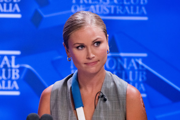 Grace Tame addresses the media at the National Press Club