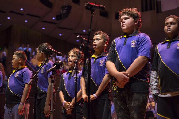 Students from Hope Vale, part of the 
 Cape York Aboriginal Australian Academy Bank,  rehearse ahead of Monday night's Cantabile Music Festival at the Opera House. From left to right, 
Mekenzie Bowen,
Jyren Kyle,
Clifford Armbrum,
Jahariz Woibo.