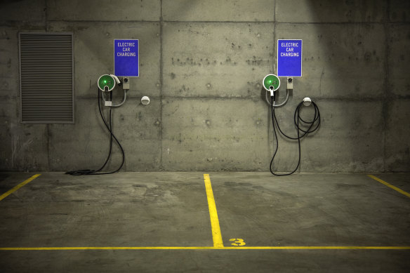 A recharging station in a parking lot.