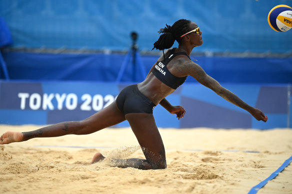 Gaudencia Makokha of Kenya dives for the ball in the Olympic beach volleyball competition. Broadcasters are employing improved protocols for coverage of women at the Games.
