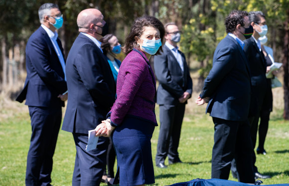 NSW Premier Gladys Berejiklian with other ministers and Coalition MPs in western Sydney on Monday.