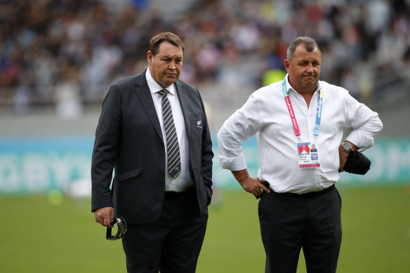 Foster (right) served a nine-year apprenticeship under Steve Hansen which included the 2015 Rugby World Cup win.