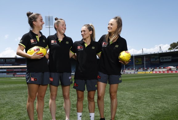 Rookie umpires Kaitlin Barr (far left), Jordyn Pearson, Gabby Simmonds and Georgia Henderson.