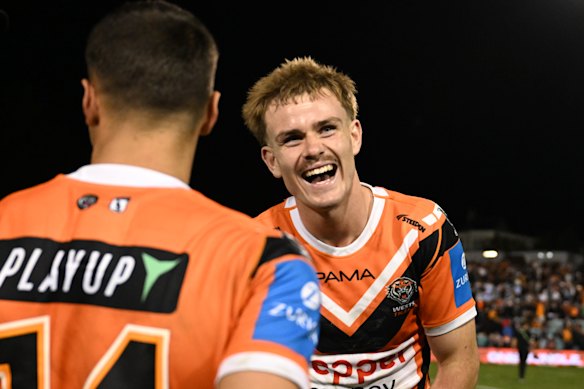 Happy place: Lachlan Galvin is all smiles and back in the Wests Tigers fold.