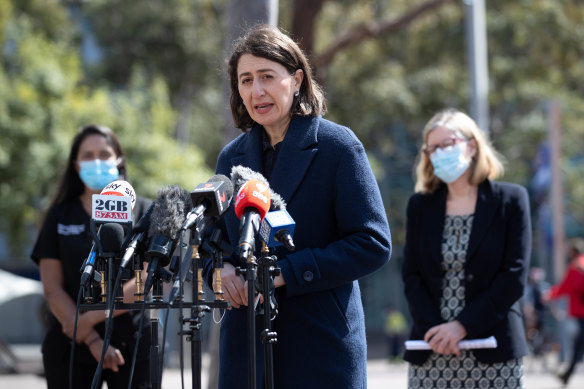 She’s back: Premier Gladys Berejiklian at Wednesday’s COVID-19 press conference, her second appearance this week, even though she had indicated they would stop as of last Friday.