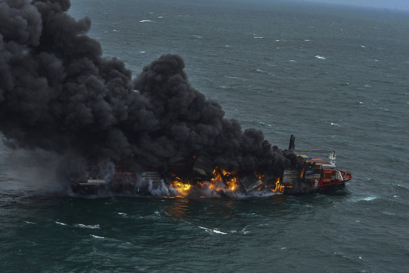 The container vessel MV X-Press Pearl engulfed in flames off Colombo port, Sri Lanka on Tuesday.