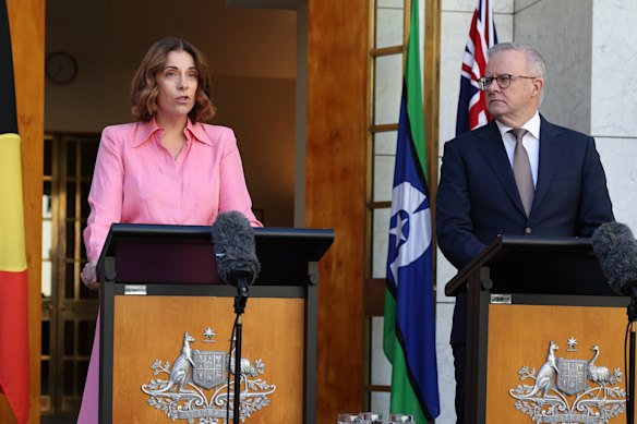 Minister for Communications Anika Wells and Prime Minister Anthony Albanese announce the new media bargaining laws.