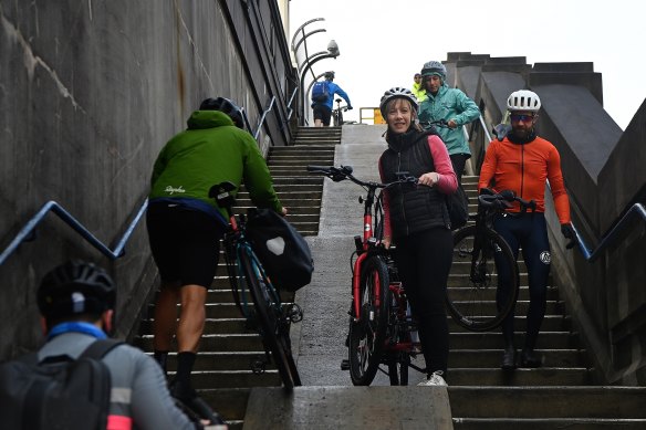 Transport Minister Jo Haylen on the northern stairs to the Sydney Harbour Bridge, which will be bypassed by the future cycleway, on Thursday.