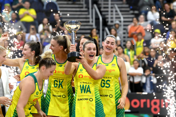 Diamonds captain Liz Watson holds the Constellation Cup after beating New Zealand.
