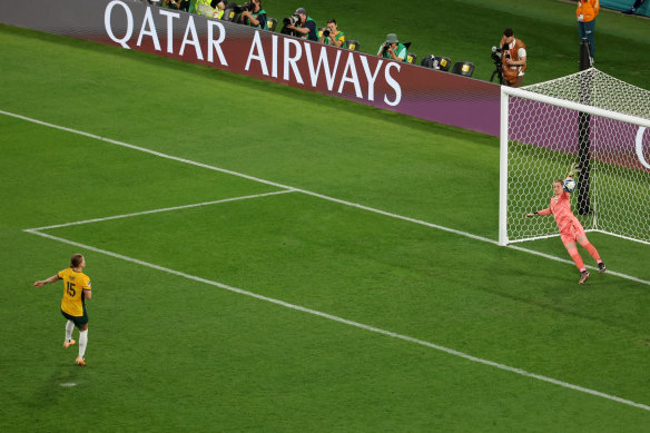 French goalkeeper Solene Durand blocks Clare Hunt’s penalty attempt.