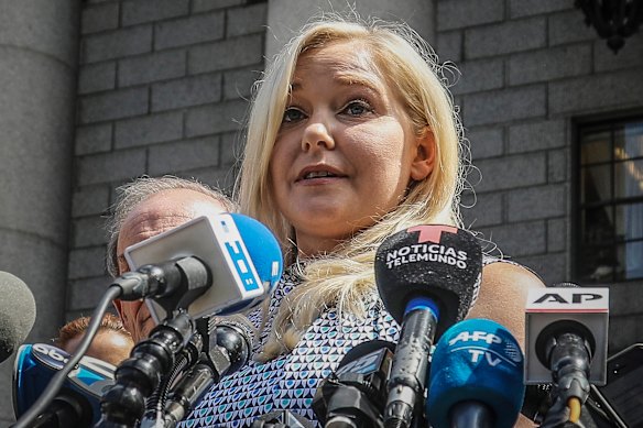 Virginia Giuffre outside a Manhattan court after Jeffrey Epstein’s death in 2019.