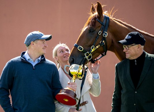 Calvin McEvoy (left), Jamie Melham and Tony McEvoy with Melbourne Cup winner Half Yours.