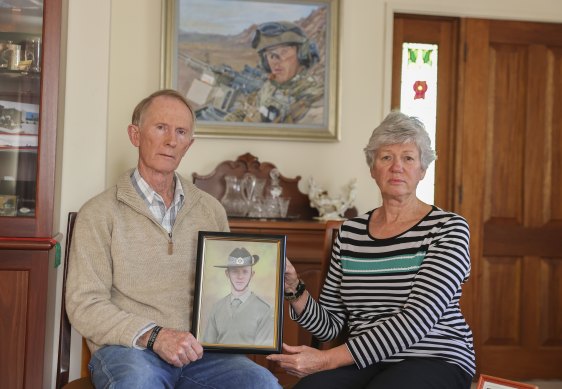 Hugh and Janny Poate, who lost their son, Private Robert Poate in Afghanistan in 2012, at their home in Canberra. 