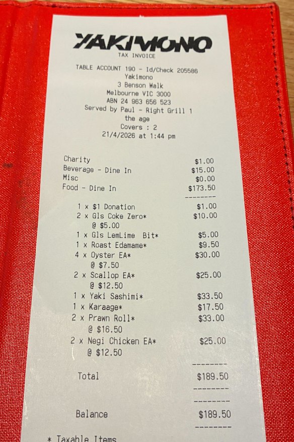 The bill at Yakimono.