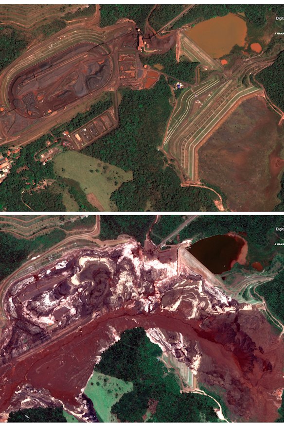 Satellite images show the area of Brumadinho, Brazil, before and after the dam collapse. 