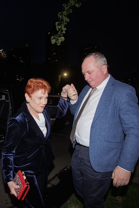One Nation’s Pauline Hanson and Barnaby Joyce (right) arrive at a Melbourne fundraiser this year.