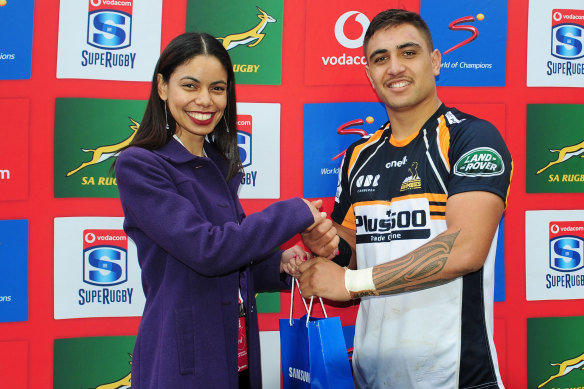 Good find: Jahrome Brown   receives the man of the match award against the Stormers in Cape Town.  