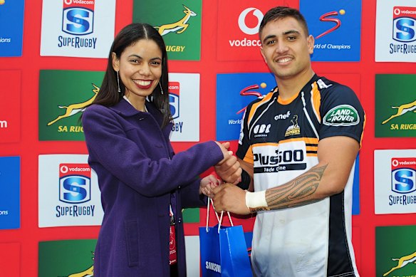 Good find: Jahrome Brown   receives the man of the match award against the Stormers in Cape Town.  
