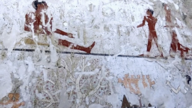 Wall paintings inside a 4400-year-old tomb near the pyramids outside Cairo, Egypt. 