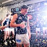Lucas Camporeale of the Blues receives a Gatorade shower his side beat the Bombers.